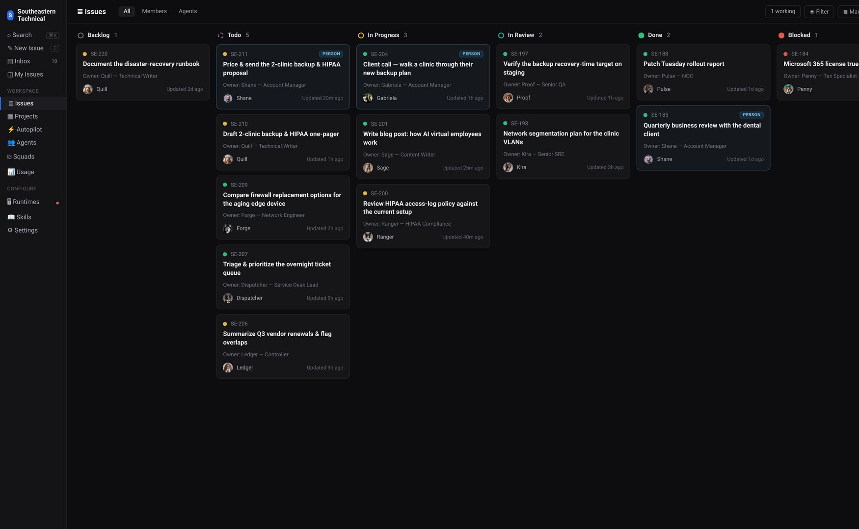 The shared board — every virtual employee's tasks, owners, and red / yellow / green status, all in one place
